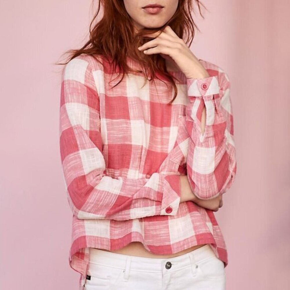 EUC Anthro Cotton Linen Button-Back Gingham Blouse Pink White S